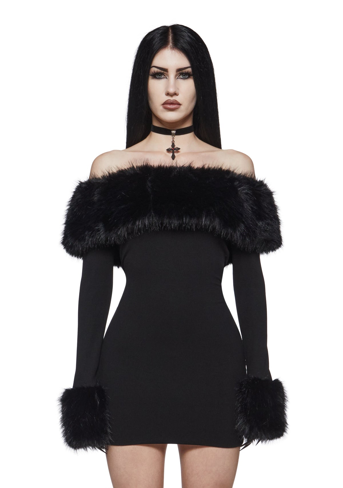 Carmilla Off The Shoulder Fur Trim Dress