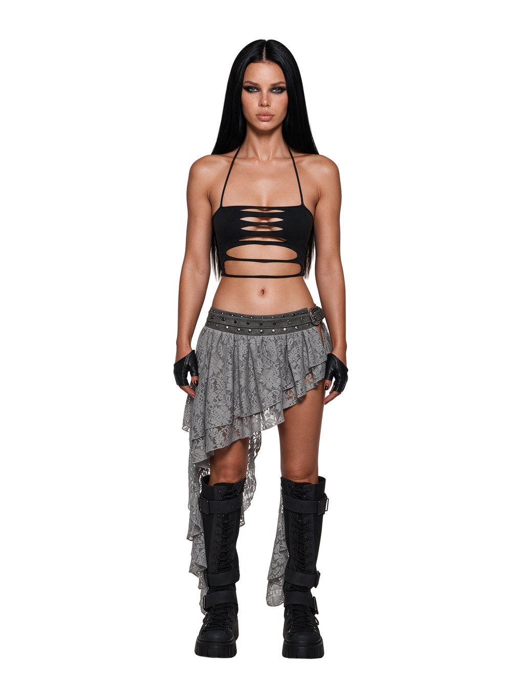 Slate Asymmetrical Lace Belt Ruffle Skirt - Gray
