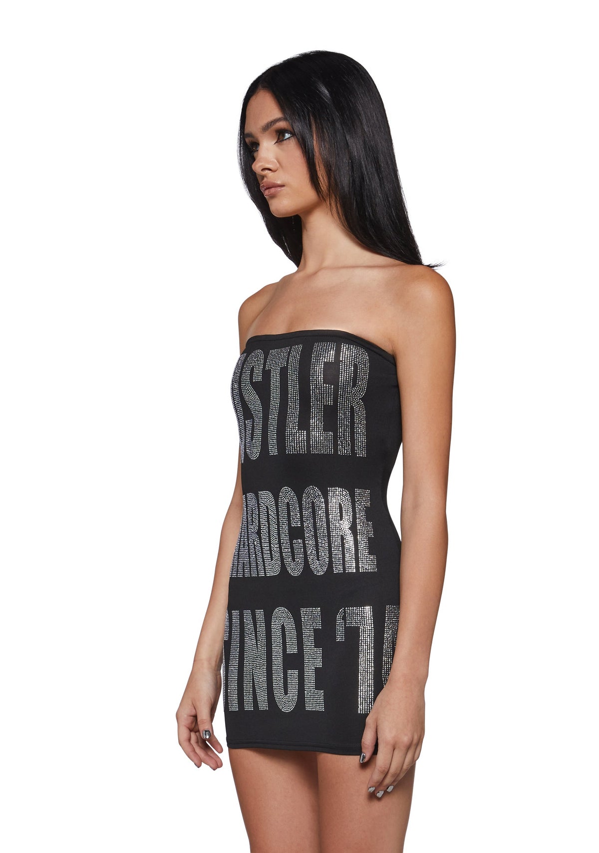 Logo Rhinestone Strapless Mini Dress