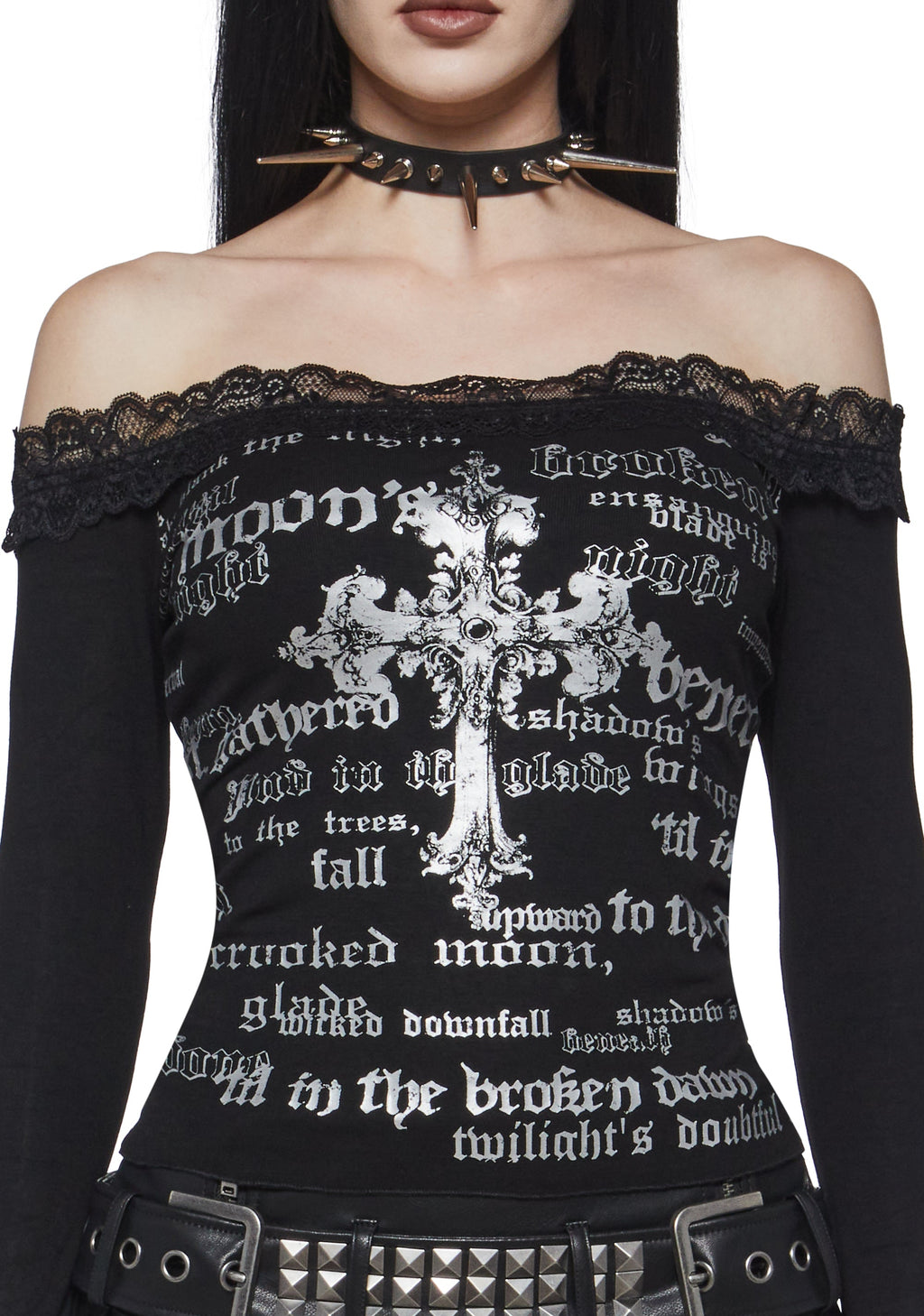 Crucifix Off The Shoulder Long Sleeve Tee