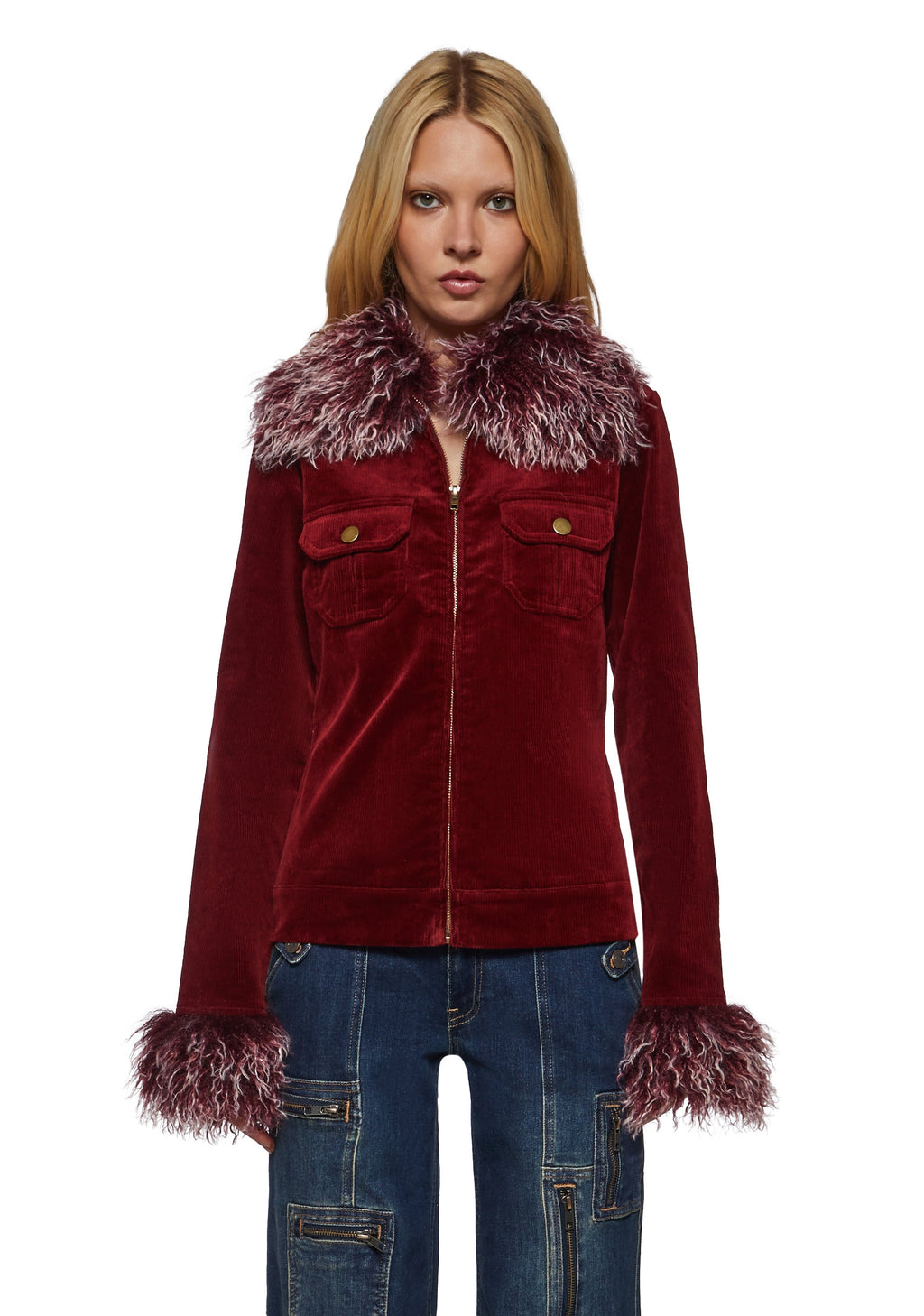 Cherry Corduroy Jacket with Faux Fur