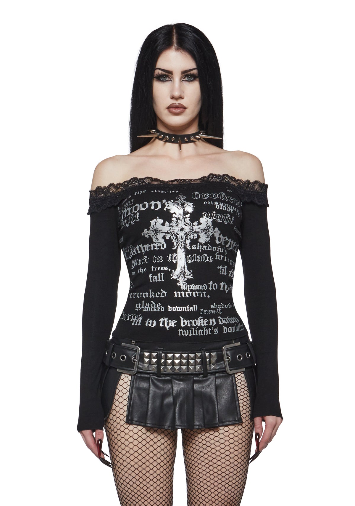 Crucifix Off The Shoulder Long Sleeve Tee