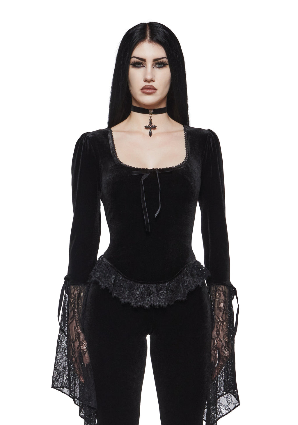 Full Vampire Velvet Long Sleeve Blouse - Black
