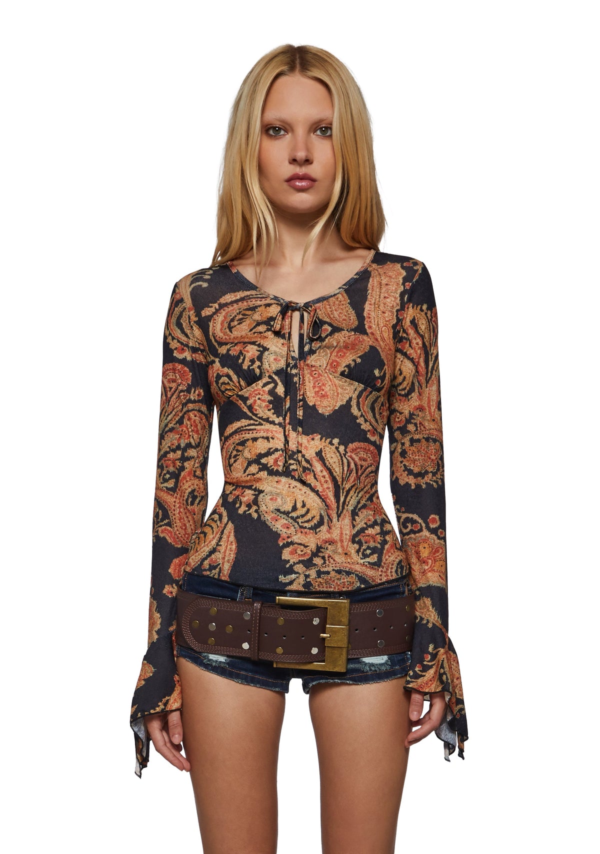 Quen Paisely Flared Long Sleeve Top