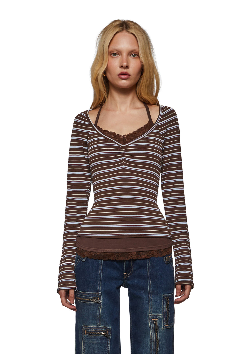 Angela Stripe Layered Cami Long Sleeve - Brown
