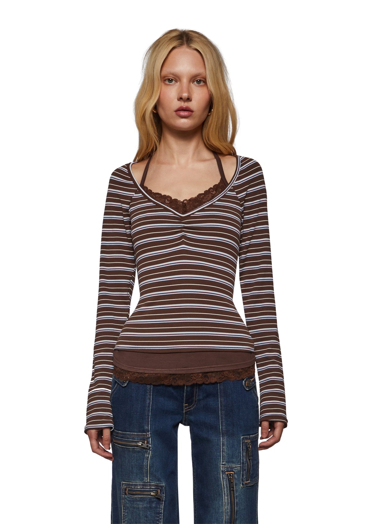 Angela Stripe Layered Cami Long Sleeve - Brown