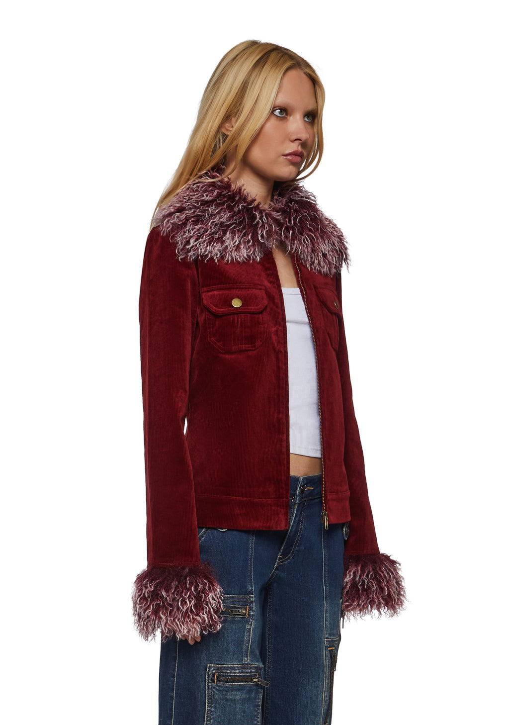 Cherry Corduroy Jacket with Faux Fur