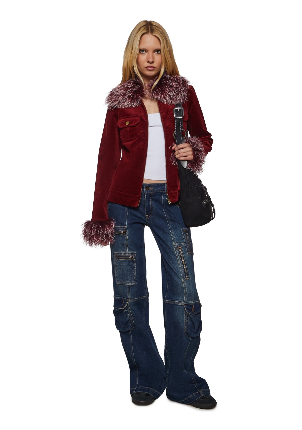 Cherry Corduroy Jacket with Faux Fur