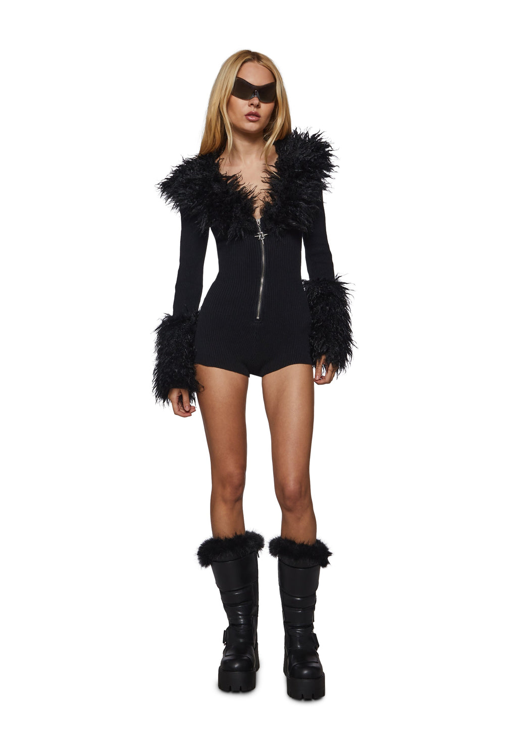 Reloop Fur Long Sleeve Zip Up Romper