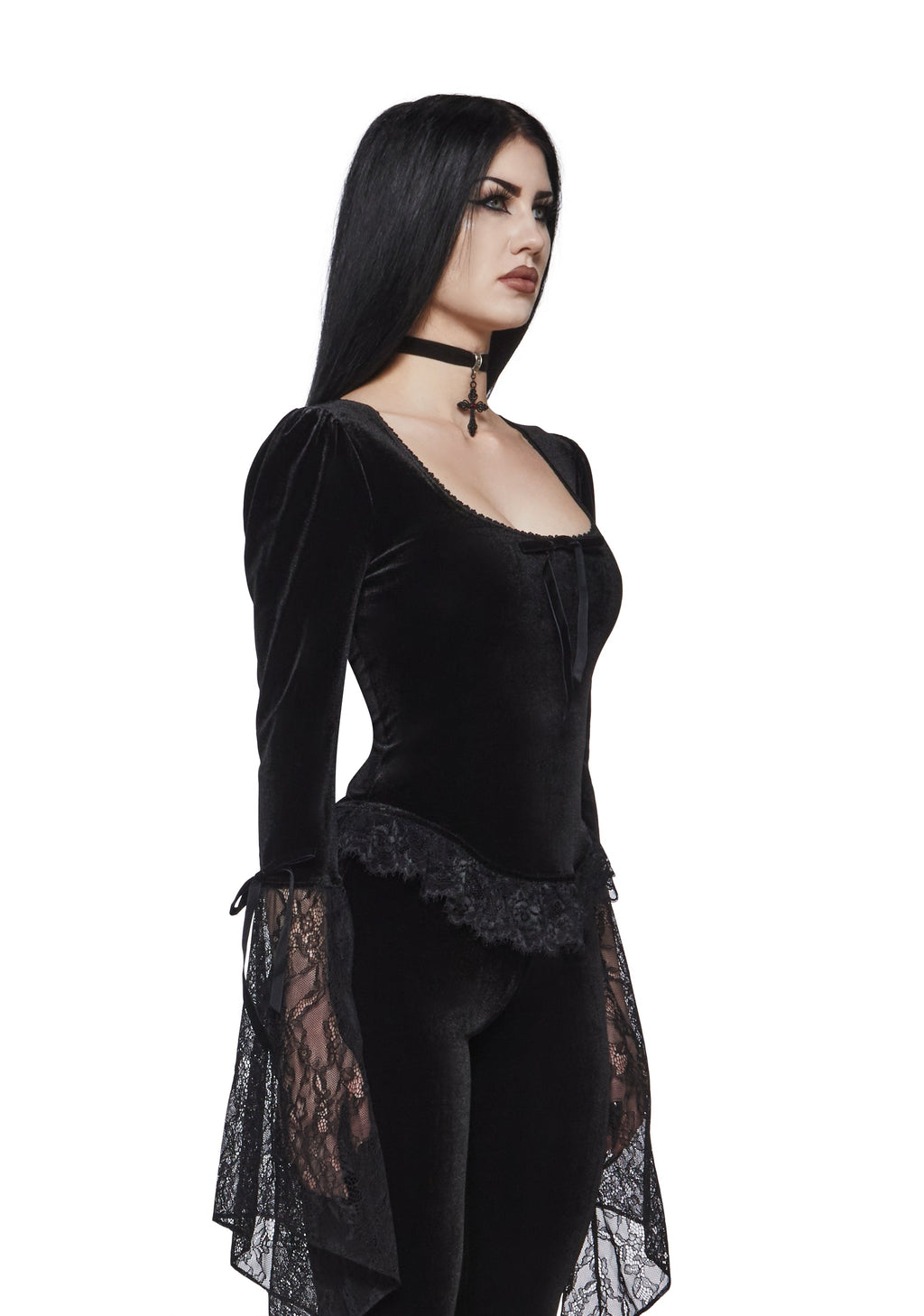 Full Vampire Velvet Long Sleeve Blouse - Black